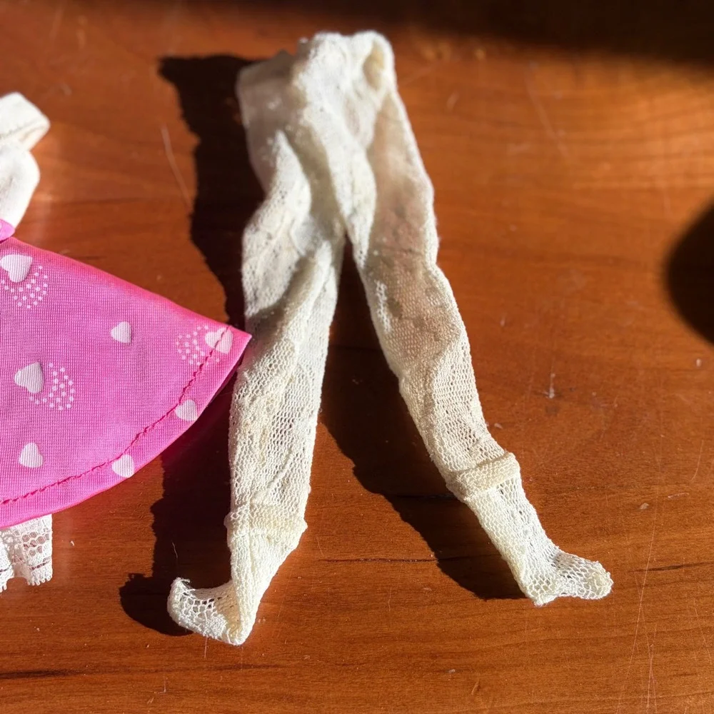 Vintage 1987 Mattel Barbie Maxie Pink Heart Dress & White Lace Tights Outfit Set